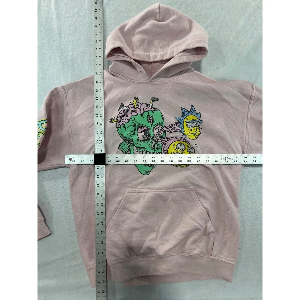 Rick and Morty Adult Swim Pink Graphic Hoodie Skull Sleeve Print Mens Medium